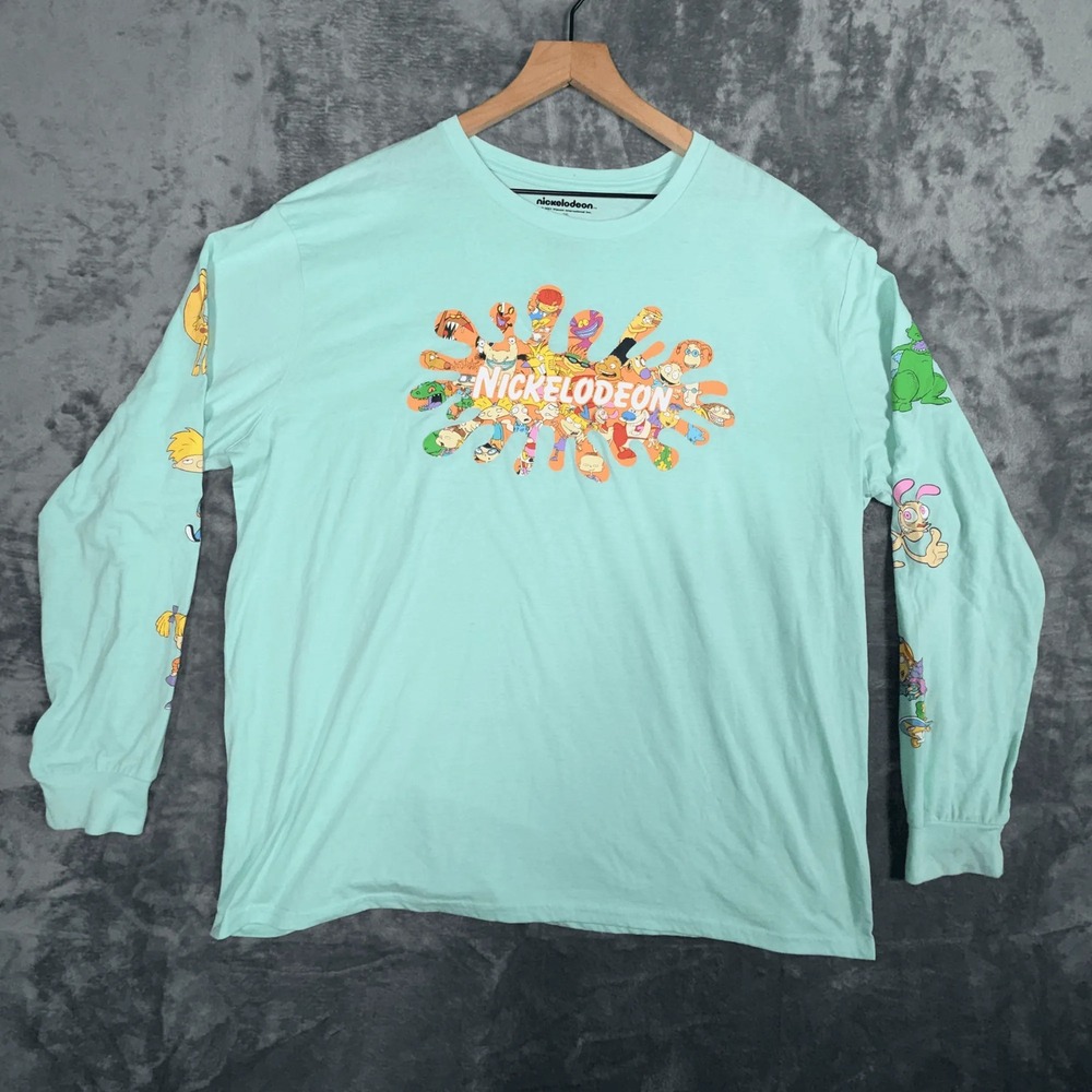Nickelodeon Mens Long Sleeve T-Shirt 2XL 90s Cartoons Graphic Mint‎ Green